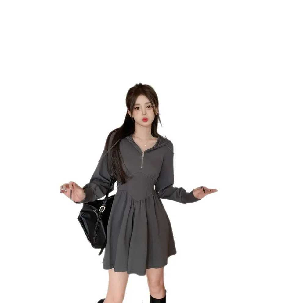 Plus Size Black Hooded Casual Dress Womens Autumn Winter Slimming A- Line Short Skirt Waist-Cinching Comfortable Polyester FibeT260314