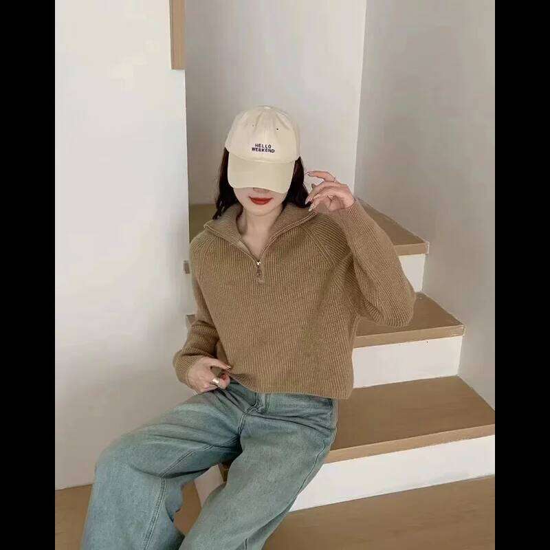 Women's New Spliced high-neck Zipper Knitted Loose Sweater Bottoming Style Long-sleeved Top Z260314