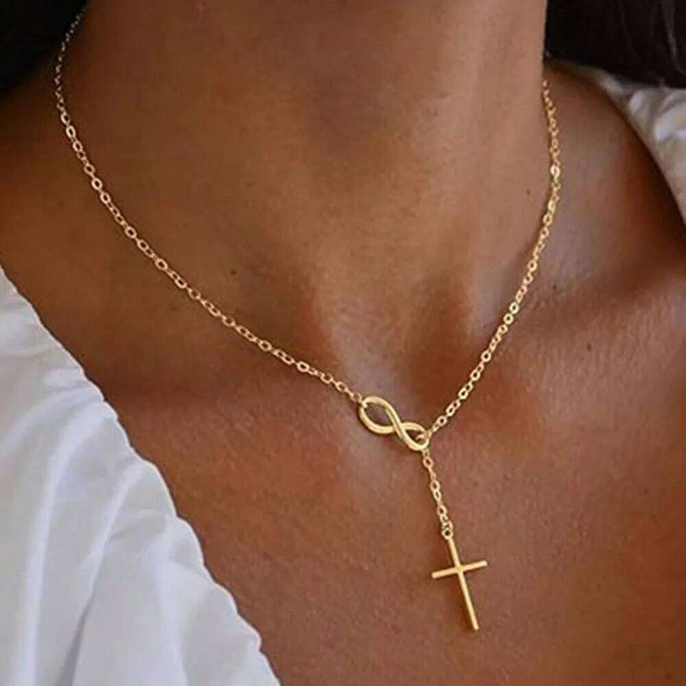 DGIDDK Stainless Steel Lucky 8 Cross Pendant Y Women's Anti-Allergy, Infinite Lasso Faith Forever Necklace H260312