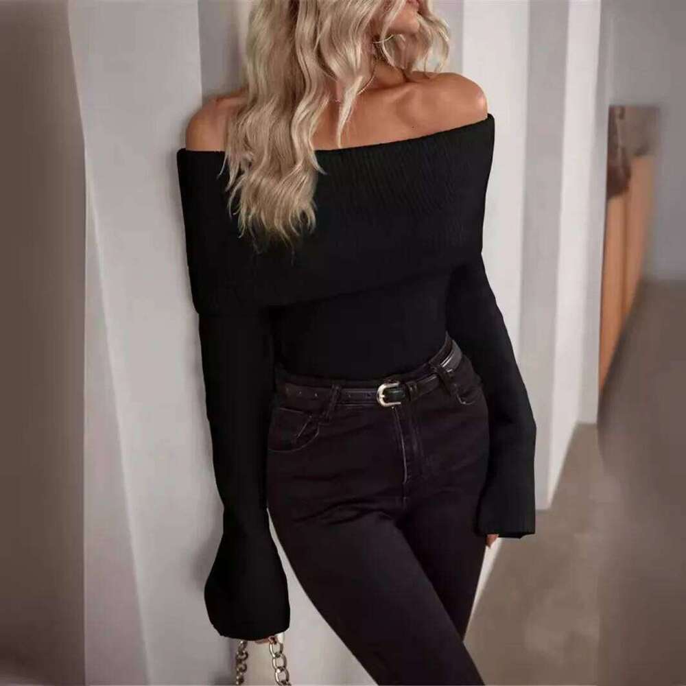 American European New Fashion Women's Slim Solid Color Simple Basic Casual Trendy Slash Neck Long Sleeve Knitted Sweaters Female Z260314