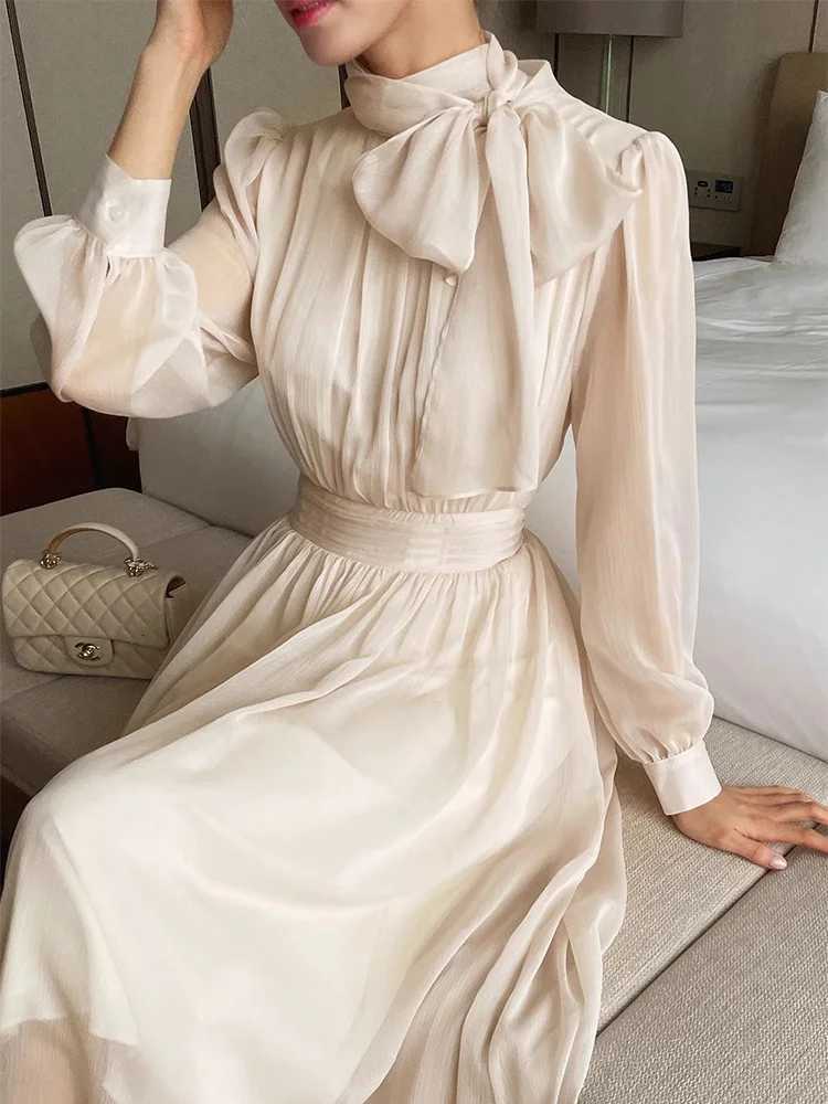 Ele Spring Chic Stand Collar Sa Knot Slimming Long Sve Chiffon Dr High Waist Commute Sle Other MaterialT260314