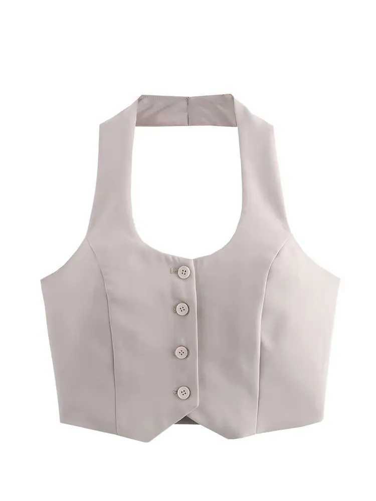 HH Women Fashion Solid Vest Pant Suit Single Breasted Halter Cropped Vests Top High Waist Patchwork Trouser Office Lady Sets M260313