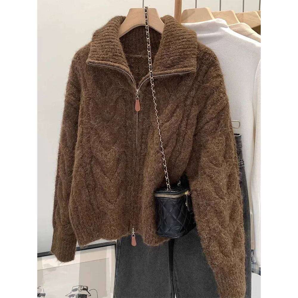 Autumn Winter New Lazy Style Knitted Women Cardigan Retro Solid Double Zipper Turn-down Collar Sweater Thicken Loose Tops Z260314