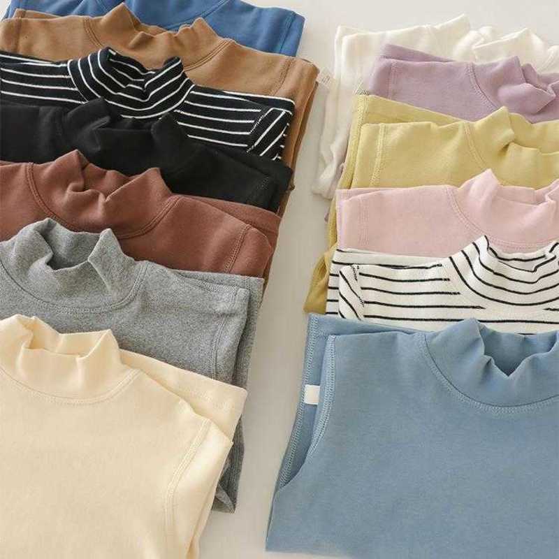 Women's T-Shirt Children's Seamless Mid-Neck Pure Cotton Versatile Base Shirt Brushed Autumn Winter Boys and Girls Seamless Half-High Neck I