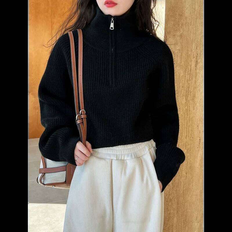Half Zipper Turtleneck Long Sleeve High Waist Sweater for Women Spring Autumn Short Fashion Style Maillard Color Top Z260314