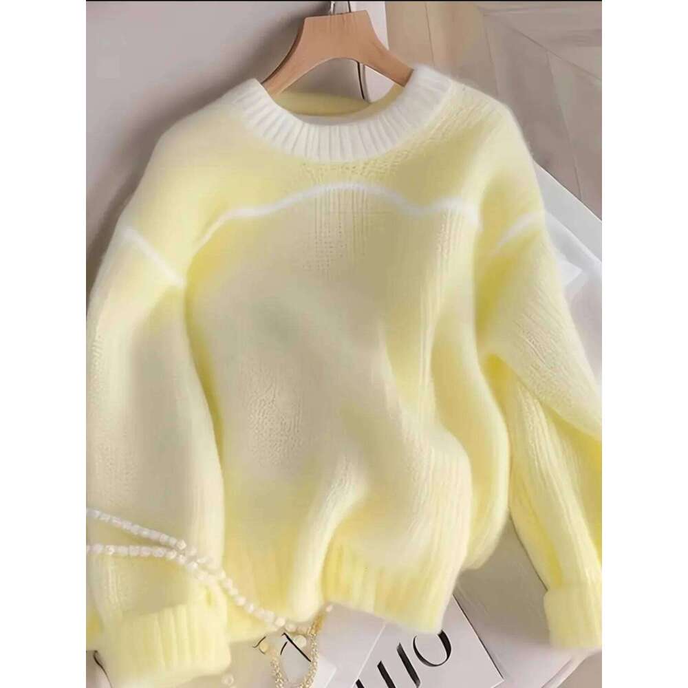 Simple Contrast Color Pullover Sweater Fashion Women's Tops-Hot Wool Soft Knit Long Sleeve Beautiful Ladies W Z260313