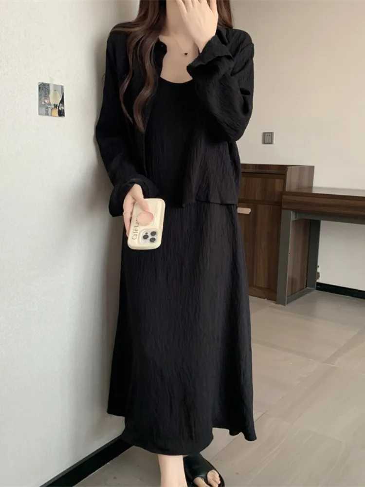 plus Size Summer Long Sve irt Early Spring New Sle Slimming Meat Covering Ele Strap Dr Two Piece Set Womens ClT260314