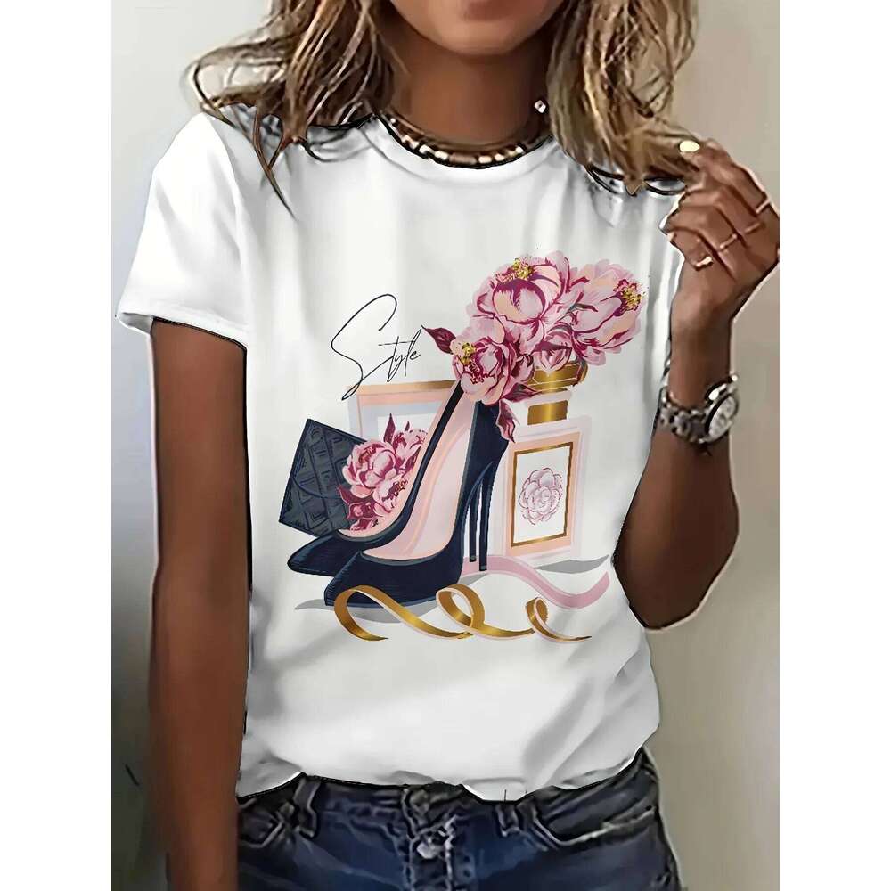 Chic 3D Pink Rose & Black High Heel Print T-Shirt for Women - Casual Short Sleeve Crew Neck Top Breathable Z260314