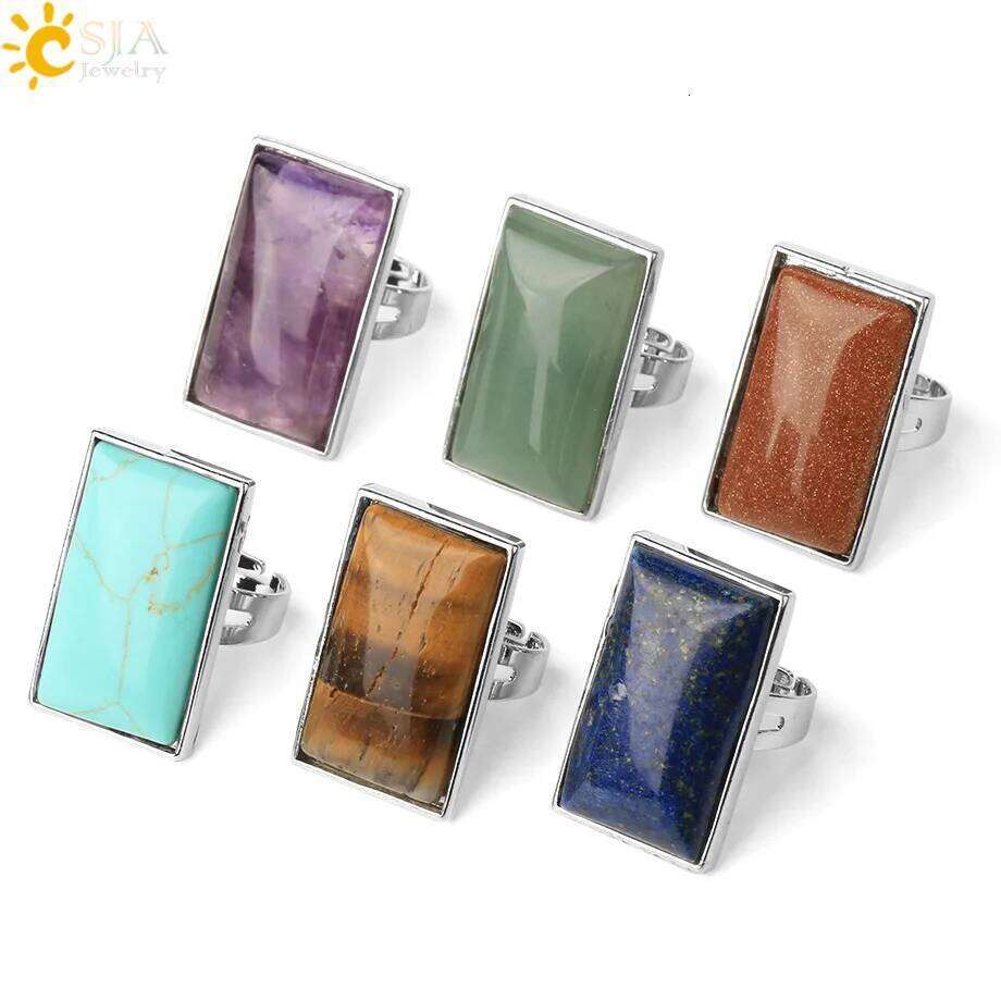 CSJA Rectangle Natural Stones Finger Rings Silver-color Adjustable Ring Healing Crystal Pink Quartz Women Statement Jewelry G456 H260312