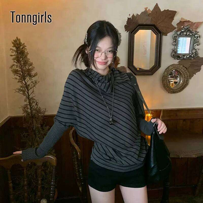 Tonngirls Harajuku Striped Sweater Women Batwing Sleeve Knit Turtleneck Pullovers Y2k Japanese 2000s Knitwear Korean Style Tops Z260313
