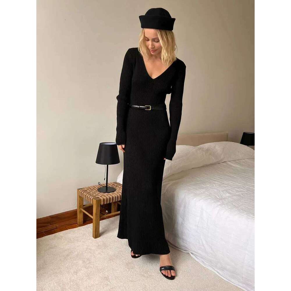 Blubelle Women's New Solid Color Long Sleeve V-neck Slim Bodycon Knitted Maxi Dress Trendy Elegant Fashion Dresses Z260313