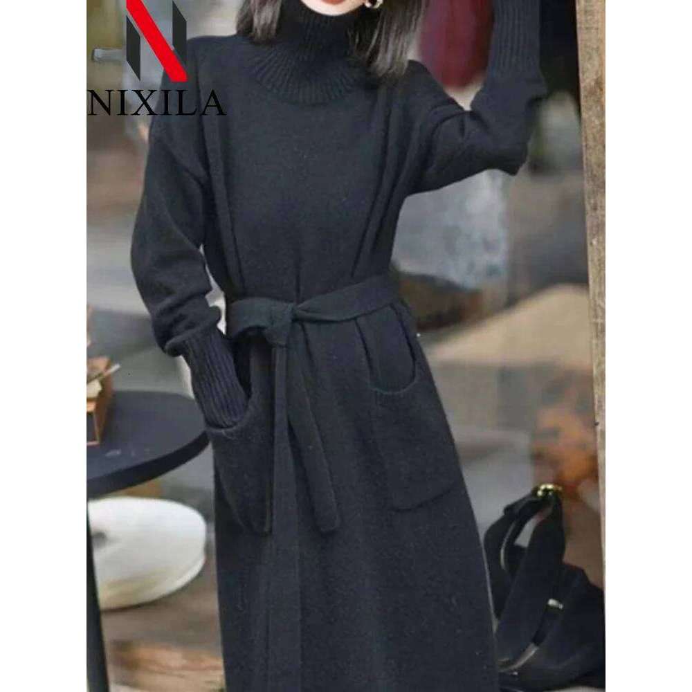 New in Autumn Winter Knitted Fashion Pullover Mid-length Turtleneck Dress Solid Color Pocket Sweater Long Dresses Woman Clothing Z260313