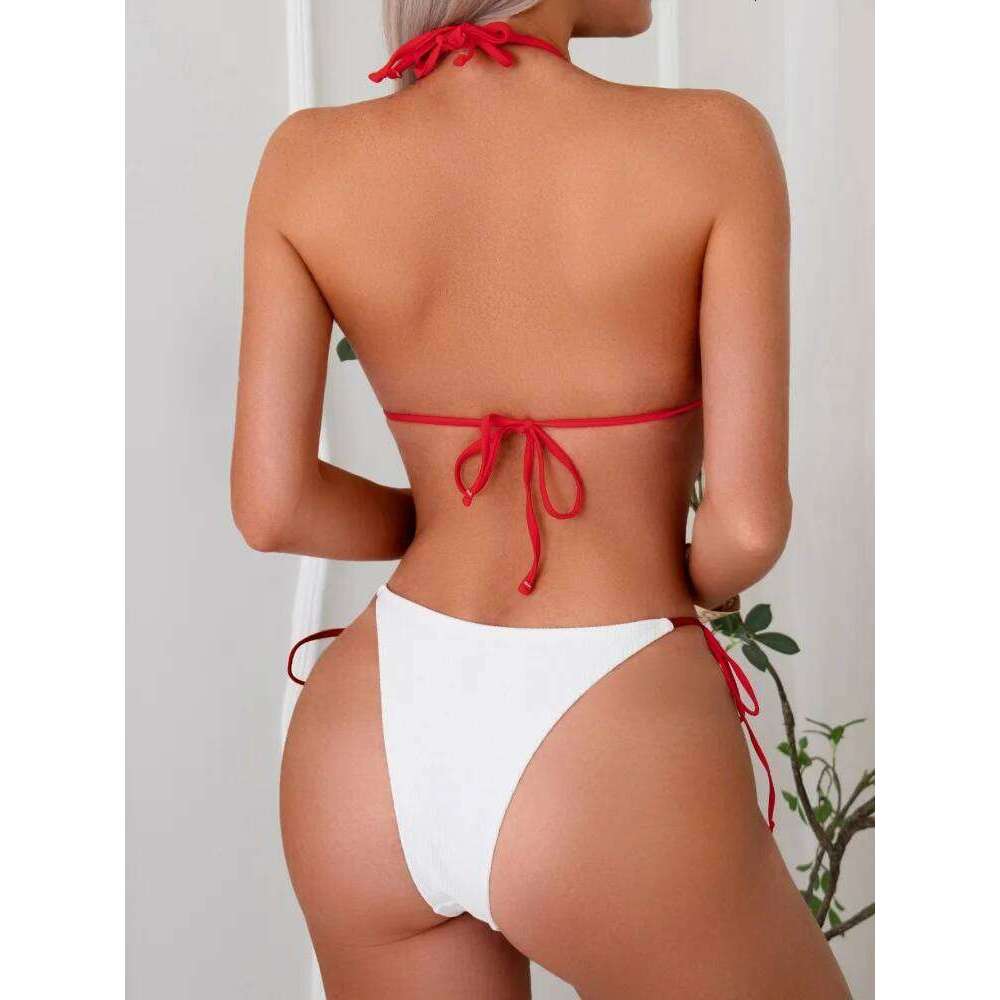 Bikini Women Swimsuit 2026 New White Ribbed Halter Bikinis Set Sexy Lace Up Swimwear Summer Two Piece Beach Bathing Suit Female Y260303