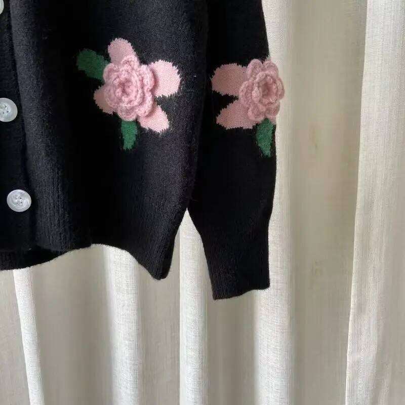 Casual 2023 Women Sweater Loose Outer Coat Long Sleeve 3D Flower Round Neck Knitted Cardigan Female Z260313