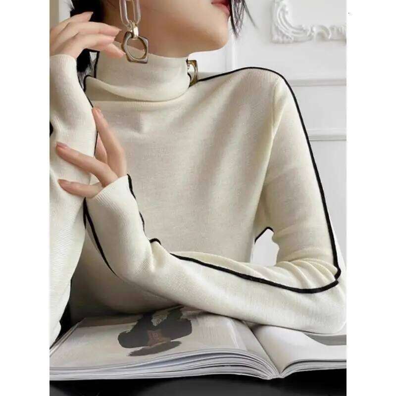 Spring and Autumn Women Sweaters New Style Patch Collar Stylish Solid Color Slim Minimalist Casual Long Sleeve Knitted Top Z260314