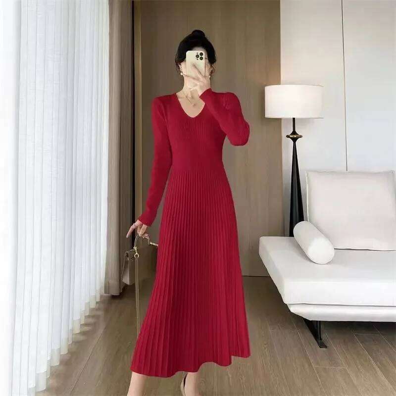 Knitted Dress with Coat Women in Autumn Winter Ladylike High-end Waist-cinching Long Skirt Z260313