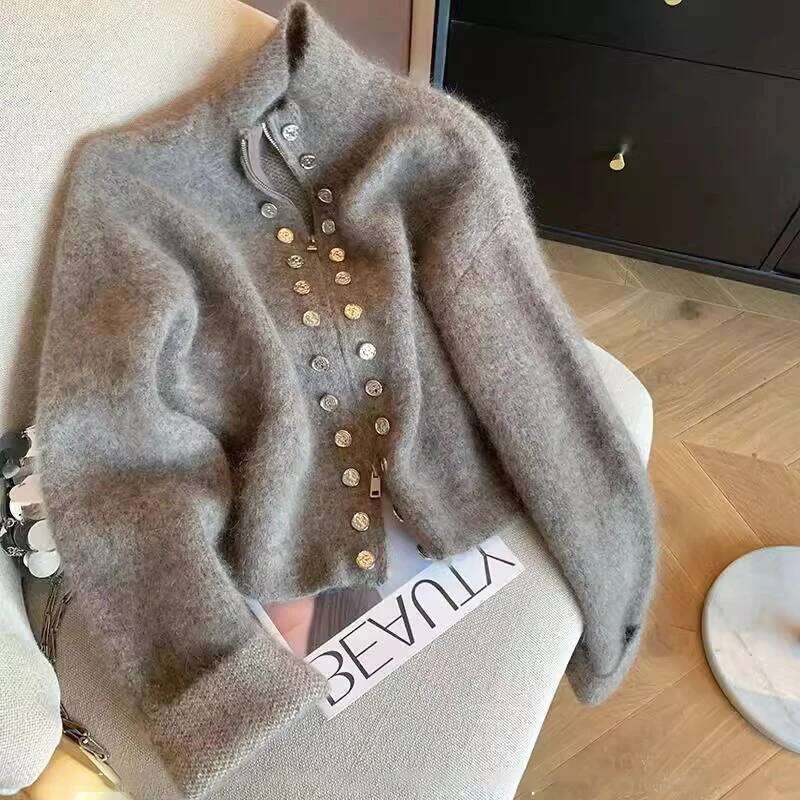 Grey Vintage Sweater Cardigans For Women Autumn New High Collar Double Breasted Knitted Coats Simple Elegant Female Knitwear Top Z260313