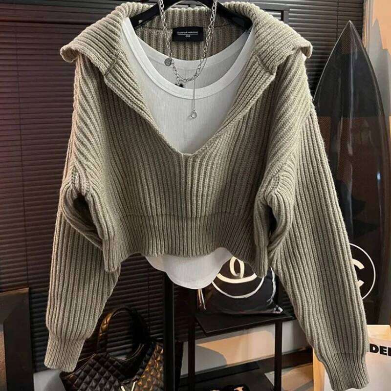 Autumn Jacket Women Sweater Knit Pullover Lazy Y2k Clothes Cropped Tops Long Sleeve Loose Design Knitwear Streetwear Z260313