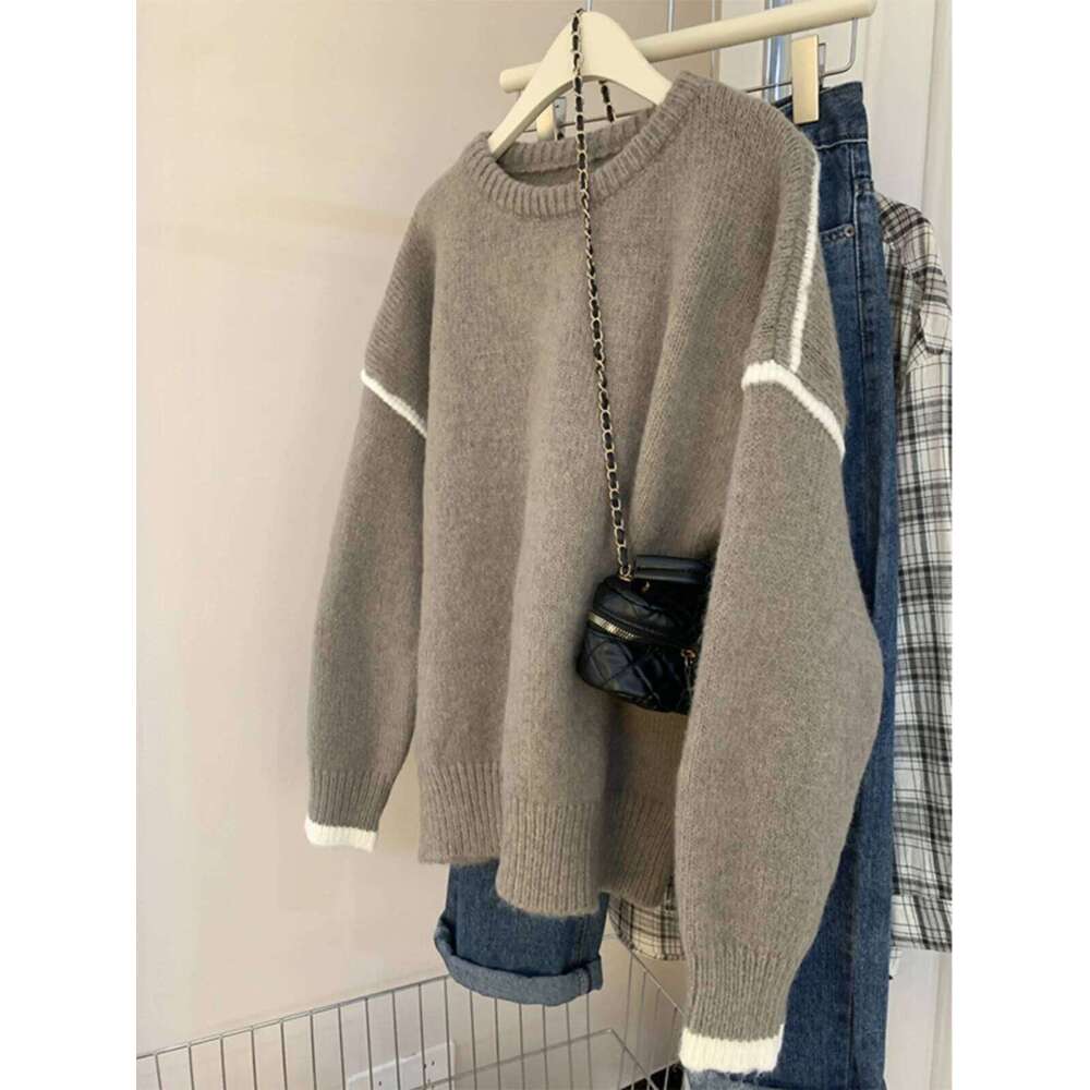 Soft Color Block Sweater Women Autumn Winter Loose Lazy Style Knit Pullover Female Casual Long Sleeved O-neck Versatile Top Z260314