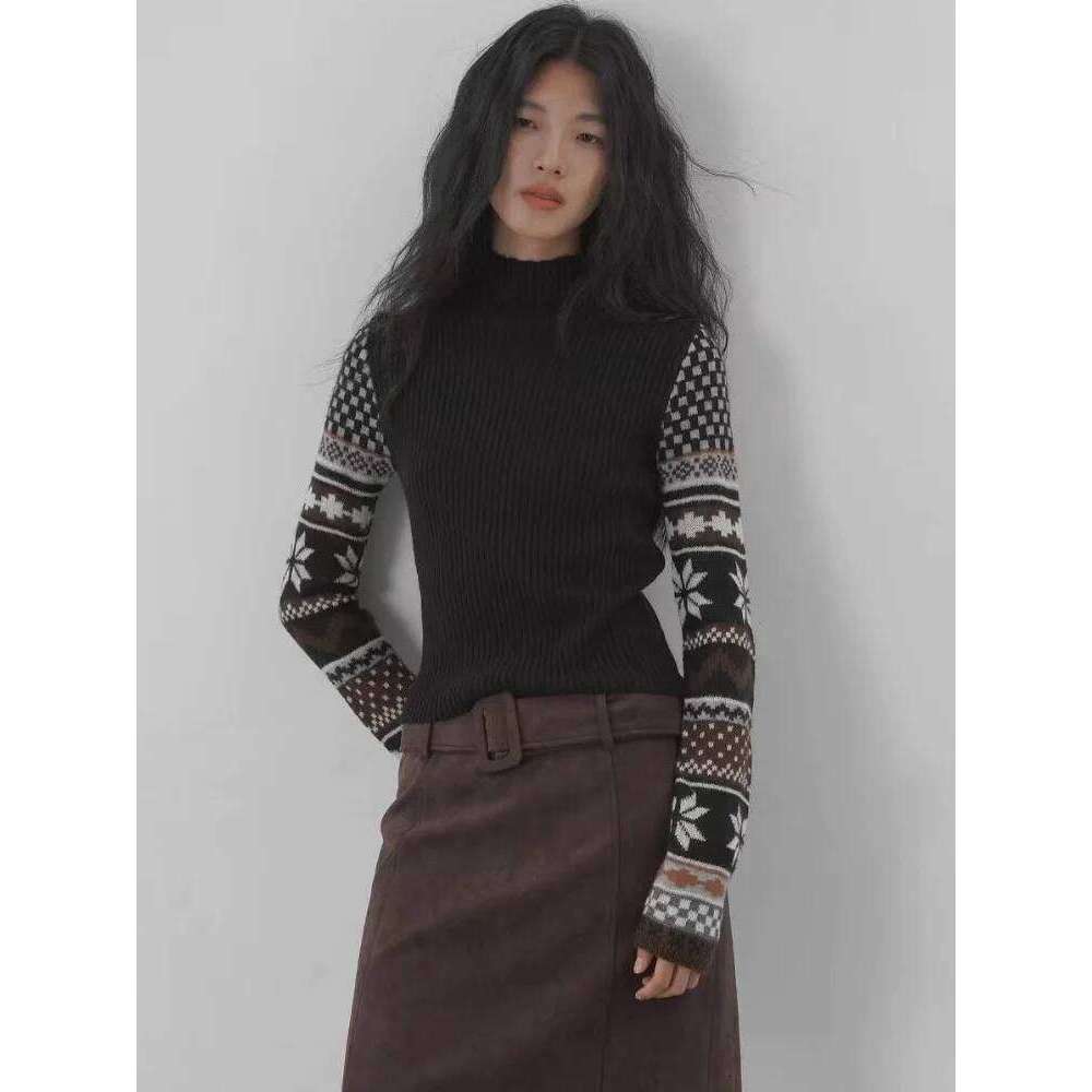 Vintage Jacquard Half High Collar Sweater Women's Casual Slim Tops Knitted Pullovers Long Sleeved Spliced Knitwear Sueter Z260313