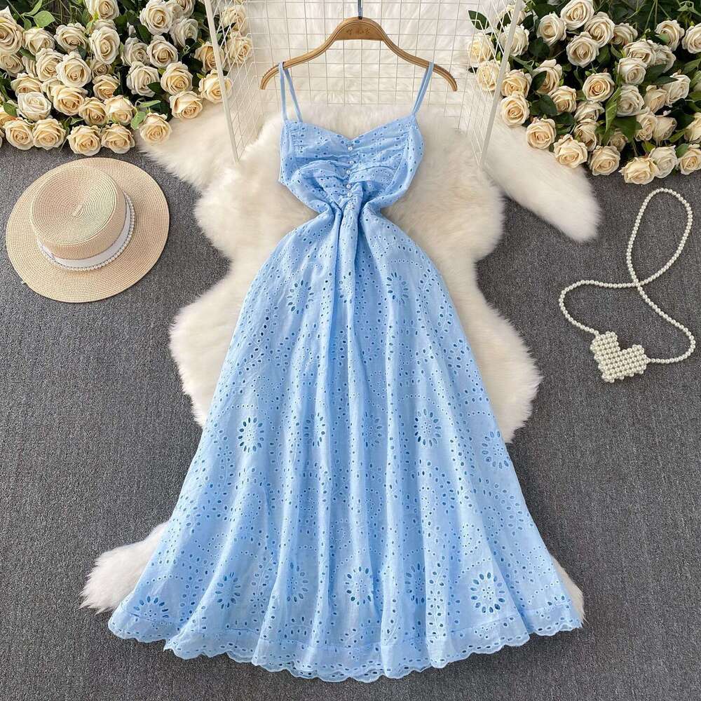 Designer women's French soft pink V-neck vest skirt summer crochet hollow embroidery slim fit c10 long skirt