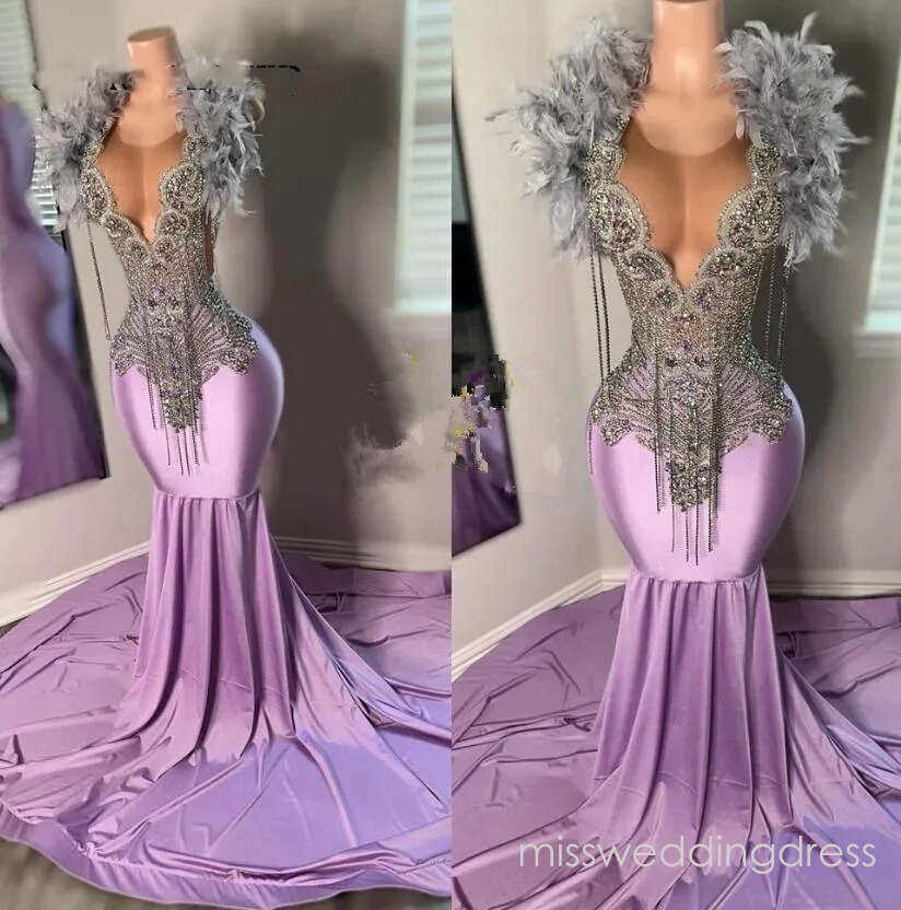 Luxury Prom With Purple Sheer Jewel Neck Beaded Crystals Long Trumpet Evening Party Gowns Black Girls Tassel Robes de bal Birthday Dress BC20277