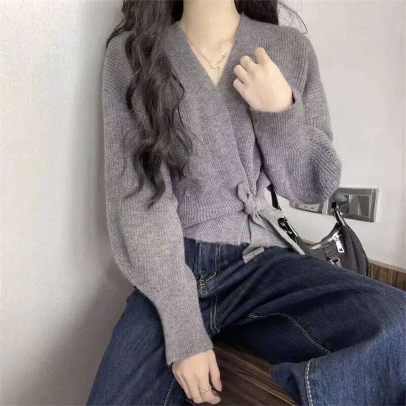 Cross Irregular Tie Up Waist Slimming Sweater Cardigan Women's Spring Autumn Winter Unique Loose Knitted Shirt Z260313