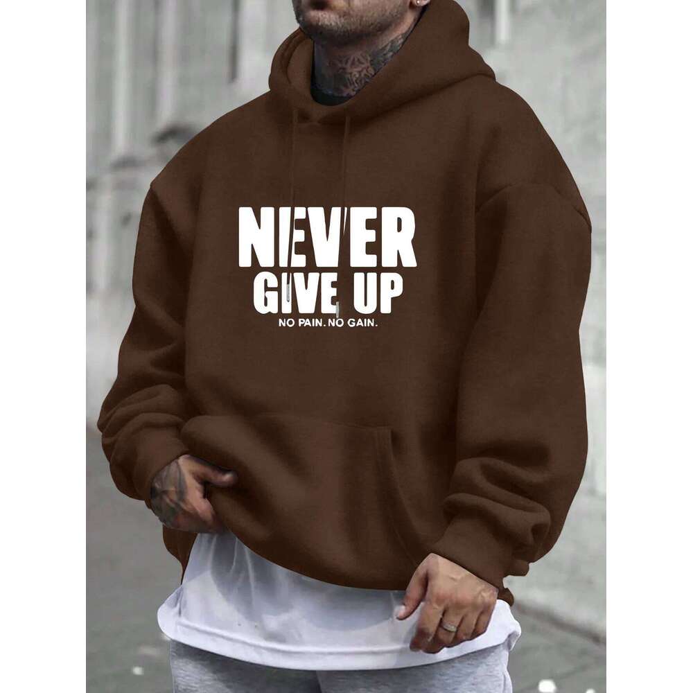 Men'S Never Give Up Print Fleece-Lined Pullover Kangaroo Pocket Stylish Streetwear Fall Casual Wear Hoodie Z260314