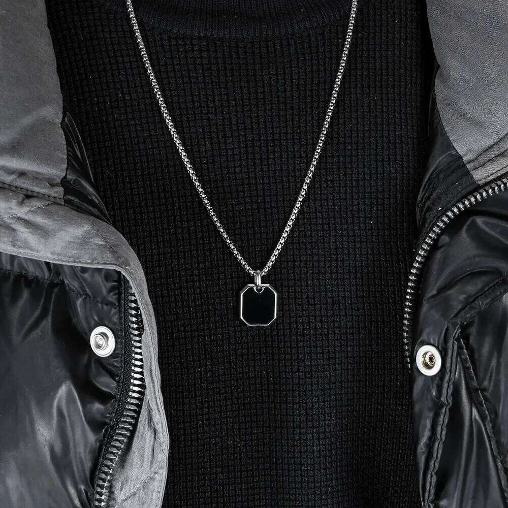 Black Pendants Men Women Stainless Steel Square Pendant Necklace with Rolo Chain for Jewelry Gifts H260312
