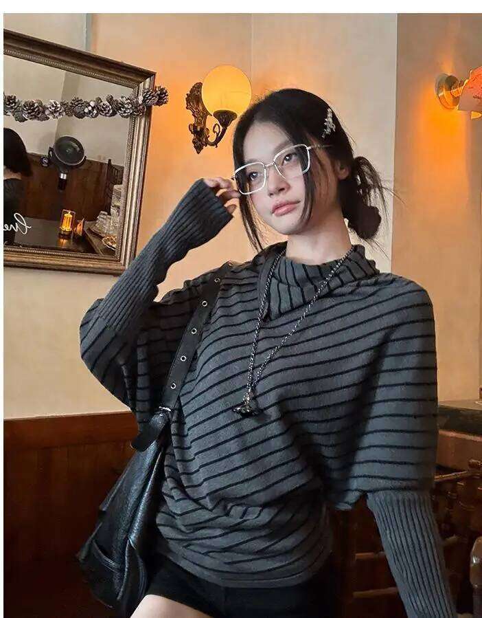 Tonngirls Harajuku Striped Sweater Women Batwing Sleeve Knit Turtleneck Pullovers Y2k Japanese 2000s Knitwear Korean Style Tops Z260313