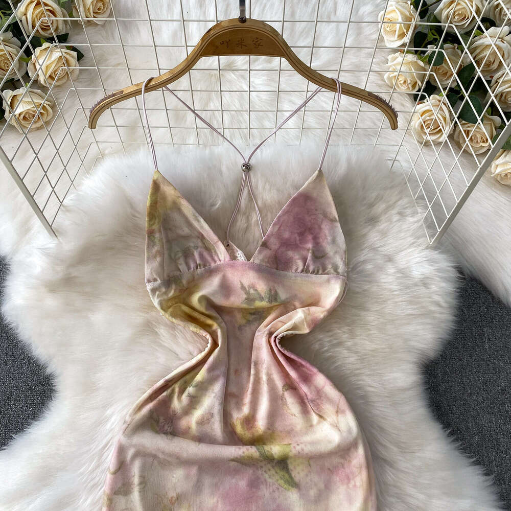 Women's sexy backless V-neck backless suspender 2026 summer mesh printed waist slimming long skirt