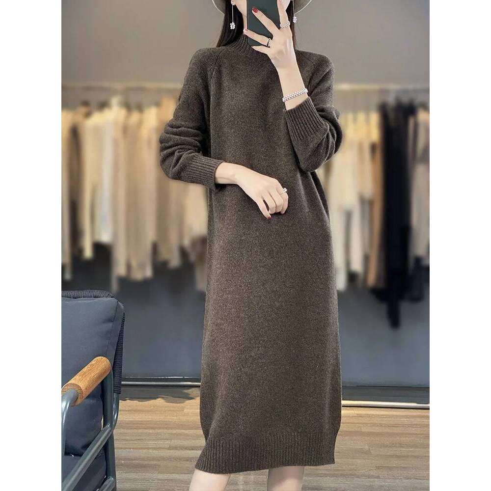 New Women Sweater 100% Merino Wool Long Autumn Winter Mock Neck Quality Cashmere Knitwear Basic Grace Dress Z260314