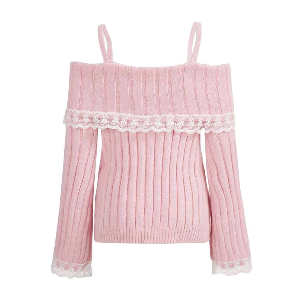 Women Off Shoulder Knit Sweater Solid Color Sweet Pullovers Long Sleeve Bow Lace Patchwork Cute Jumpers Club Streetwear Y2k Z260313
