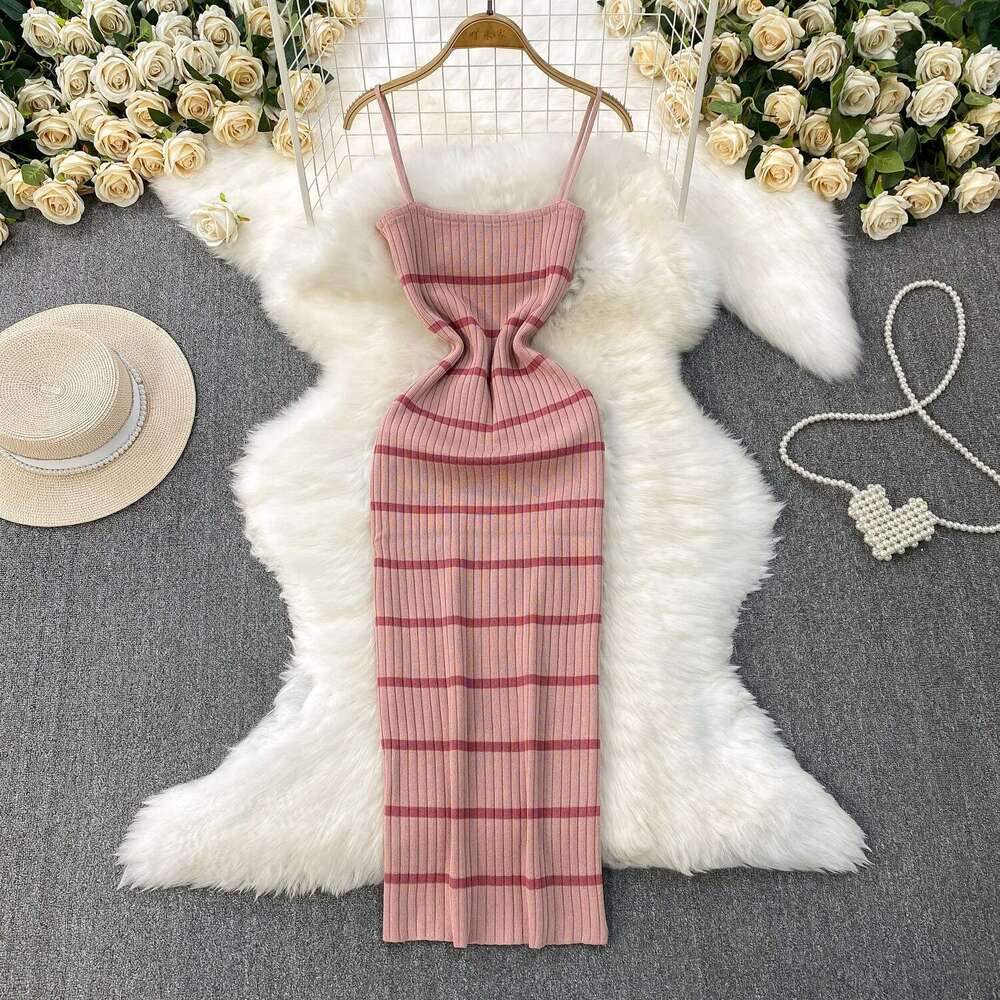 2026 European and American sexy backless camisole dress summer new elastic striped knitted slim fit