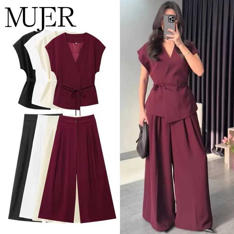 MUJER 2025 Wide Leg Pants Sets for Women 2 Pieces Sleeveless Vest Top Woman Pleated Casual Trousers Sets Two Piece Outfits Woman M260313