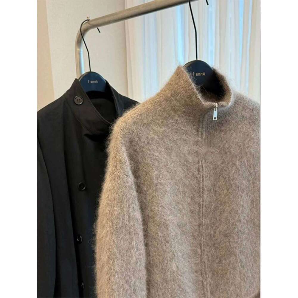 New Fashion Zipper Knitted Cardigan Temperament Stand Collar Soft Mohair Top Coat Women's Autumn Winter Loose Warm Sweaters Z260313