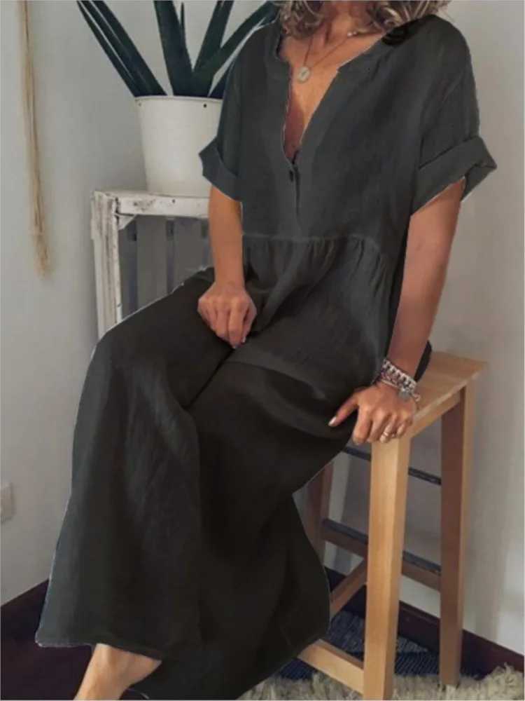 Summer Casual Loose Cotton Linen Short-sleeved Womens Dress Fashion O Neck Button White Home Wear Holiday Dress Female 2026T260314