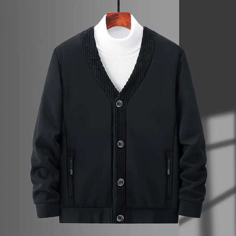 Autumn Winter New Men Lamb Wool Warm Plus Velvet Coat V-Neck Solid Button Pocket Zipper Fashion Casual Long Sleeve Cardigan Tops Z260313
