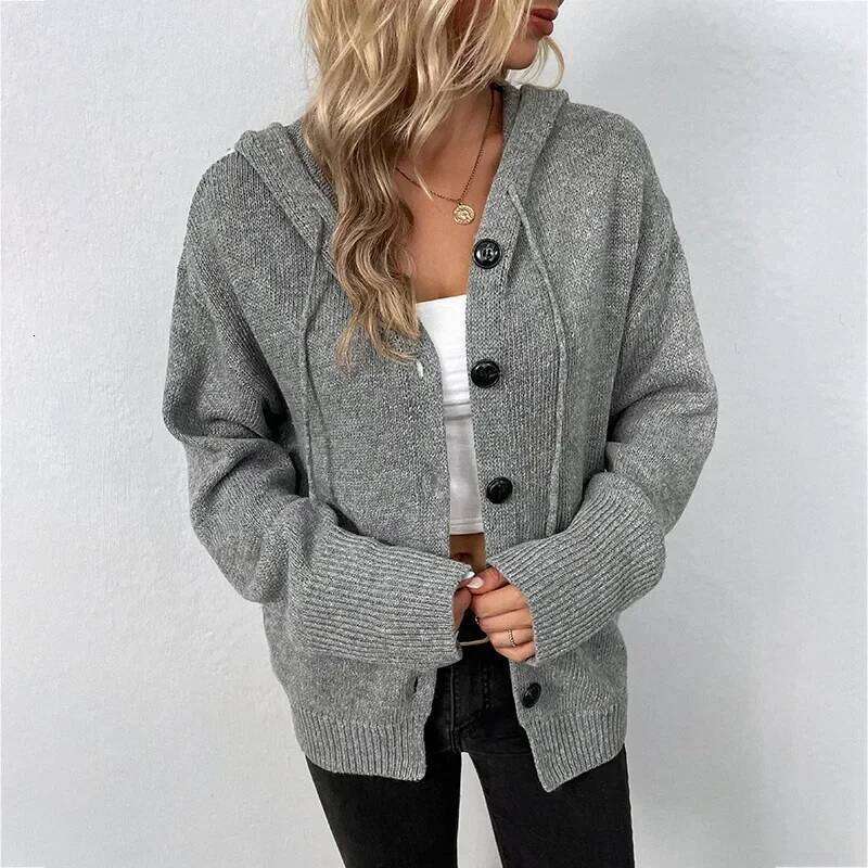 Women Knit Hooded Sweater Coat Single Breasted Thick Cardigan Solid Casual Splice Jumpers Full Sleeve Regular Winter 2024 Z260314