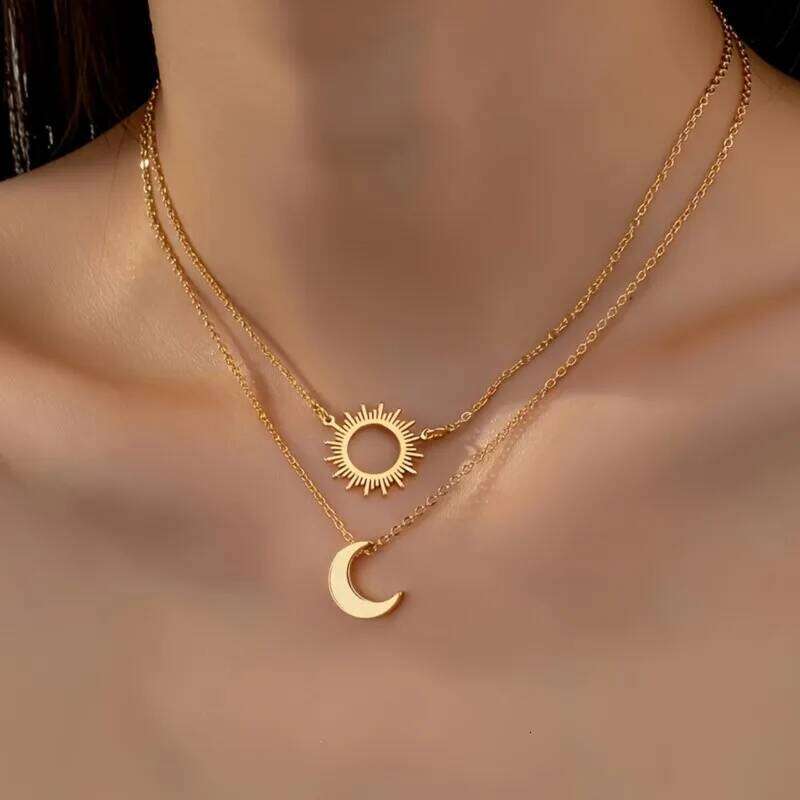 Elegant Bohemian Style 18K Golden Plated Sun & Moon Pendant Necklace for Women Double Choker Neck Party Jewelry Gifts H260312