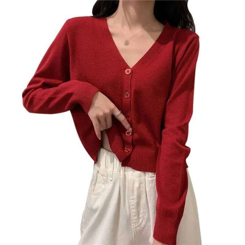 2025 Women's Long Sleeve Cropped V Neck Button Down Knit Lady Autumn Spring Knitted Single-breasted Cardigan Sweaters Z260314