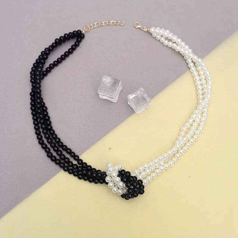 Women's Chic Layered Elegant & Beaded Pearl Necklace Black and White Yin Yang Knotted Design Statement Jewelry H260312