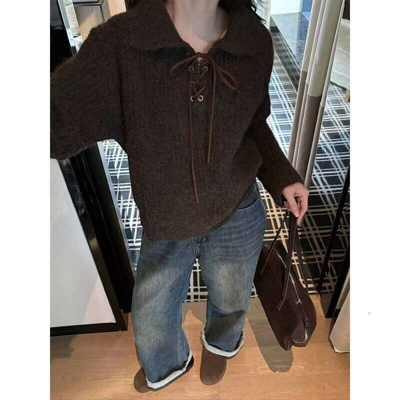 MEXZT Vintage Sweater Women Harajuku Lace Up Knitted Pullovers Streetwear Korean Knitwears Winter Long Sleeve Casual Jumpers New Z260313