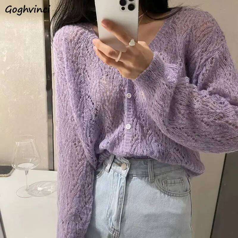Cardigan Women V-neck Sexy Hollow Out Long Sleeve Single Breasted Sweet Solid Color Female Daily Thin Spring Autumn Breathable Z260313