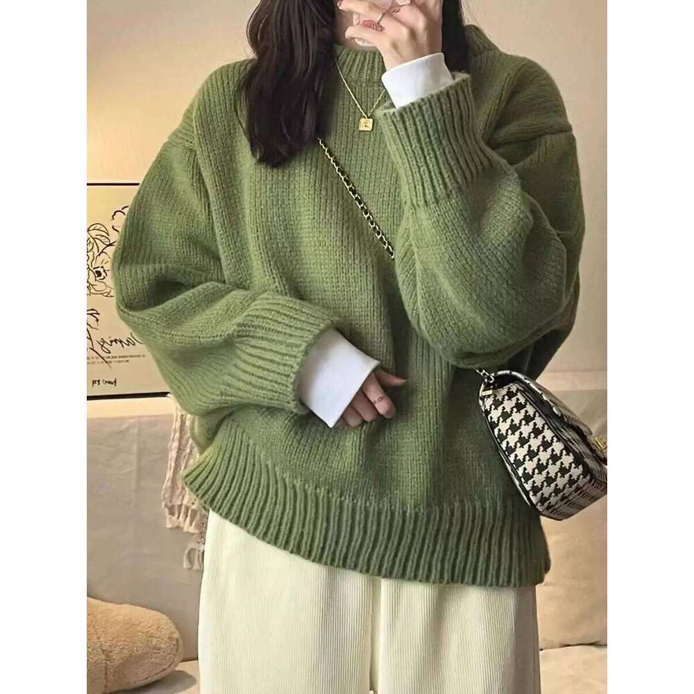 New O-Neck Loose Green Pullover Sweater For Women Autumn Winter Thick Retro Japanese Lazy Style Interior Bottom Knitted Top Z260313