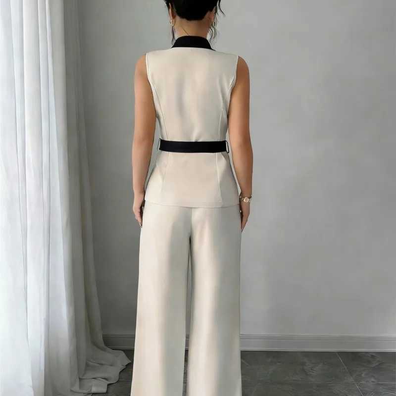 Vest Suit Women Wide Leg Pants Waistcoat 2 Piece Sets Sleeveless Jacket Belt Tight Waist Outfits Trousers Office Lady Ensemble M260313