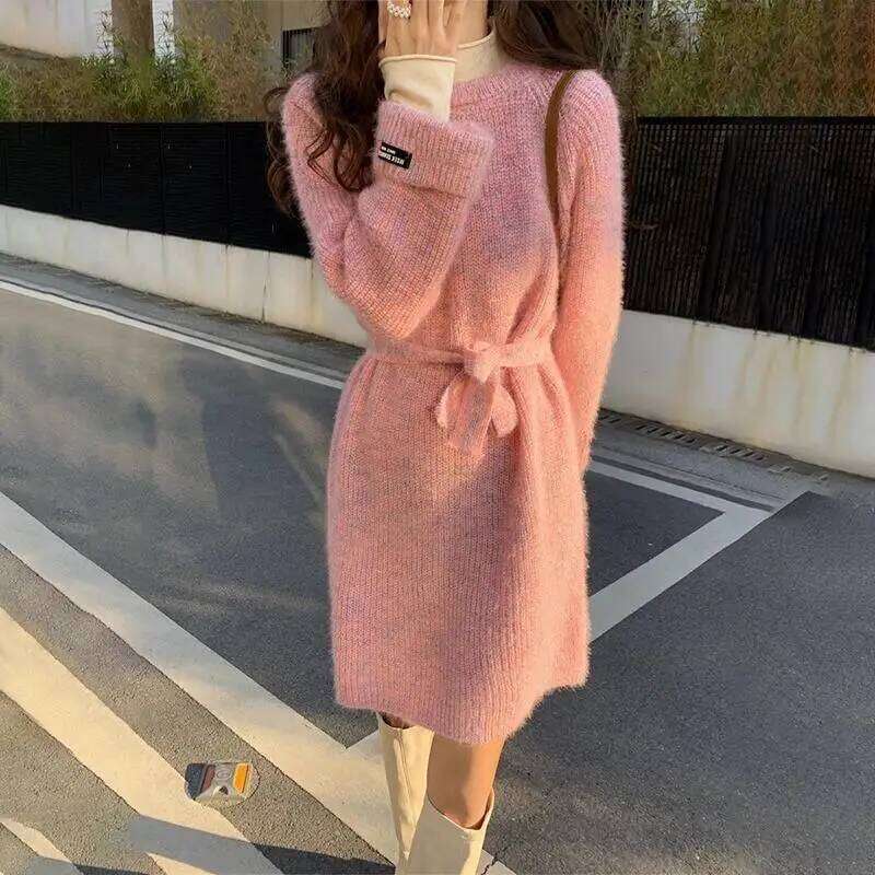 Lazy Style for Women Autumn Winter New Wear Mid-length Loose Knitted Sweater Lace-up Waist Dress Z260313