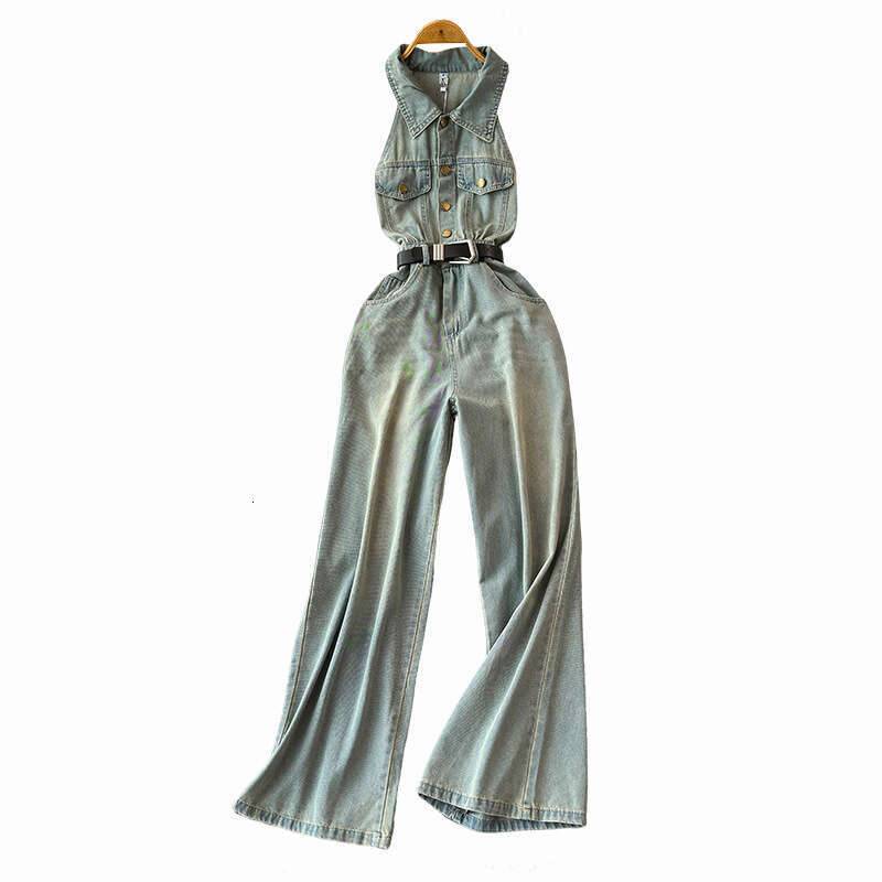 2026 A13 summer high-end exquisite blue denim jumpsuit women's wide leg pants French retro chic