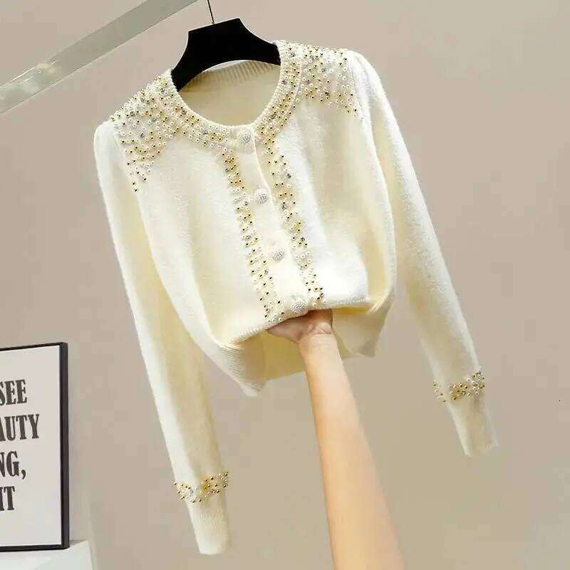 Bead-encrusted Rhinestones Round Neck Single-breasted Long-sleeved Sweater Cardigan Commuter Temperament Versatile Top Z260313