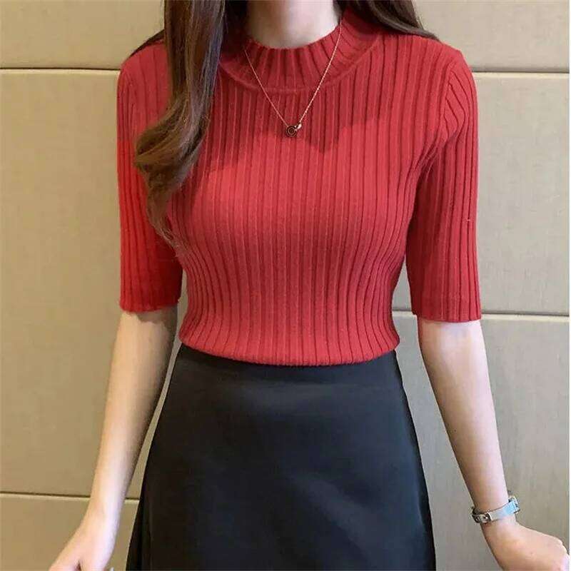 New Short-sleeved Knitwear Women O-neck T-shirt Wool Cotton Blend Pullover Vest Sprig Summer Bottoming Tops Sweater Solid Soft Z260313